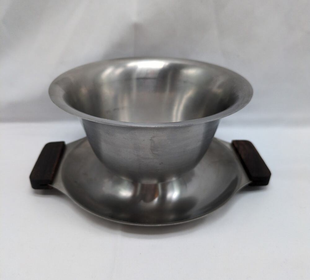 Vtg MCM Interpur Japan Stainless Steel Gravy Sauce Bowl Underplate Teak Handles